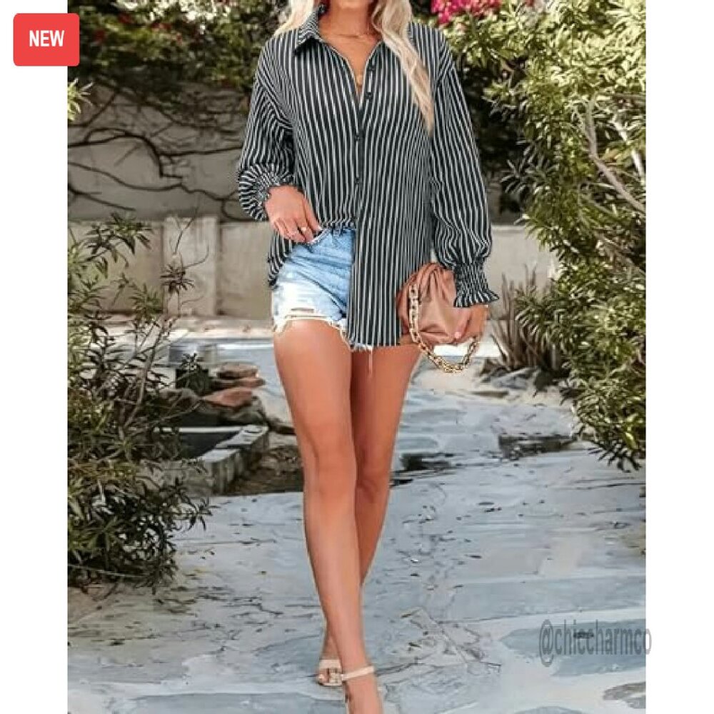 Oversized Striped Button Down Blouse Smocked Cuff… - image 6